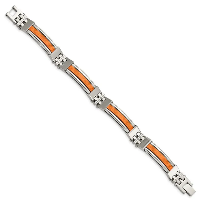 TreasureFineJewelers Bracelets Chisel Stainless Steel Polished with Orange Greek Key Design Rubber Inlay 9 inch Bracelet