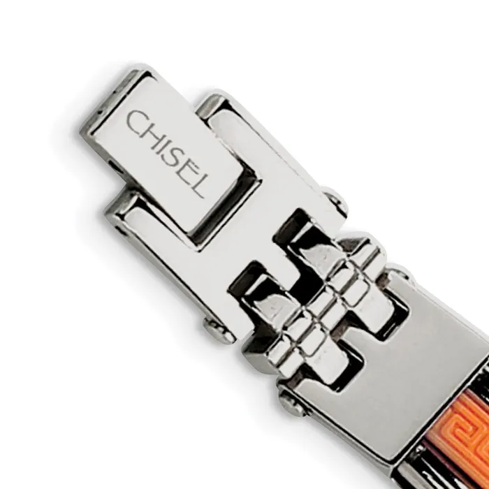 TreasureFineJewelers Bracelets Chisel Stainless Steel Polished with Orange Greek Key Design Rubber Inlay 9 inch Bracelet