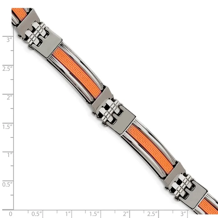 TreasureFineJewelers Bracelets Chisel Stainless Steel Polished with Orange Greek Key Design Rubber Inlay 9 inch Bracelet