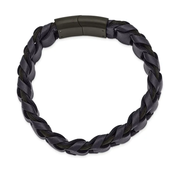 TreasureFineJewelers Chisel Stainless Steel Brushed Black IPplated Blue Leather 85 inch Bracelet Bracelets