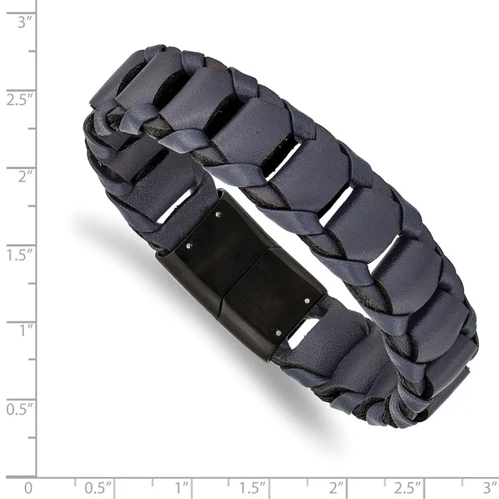 TreasureFineJewelers Chisel Stainless Steel Brushed Black IPplated Blue Leather 85 inch Bracelet Bracelets