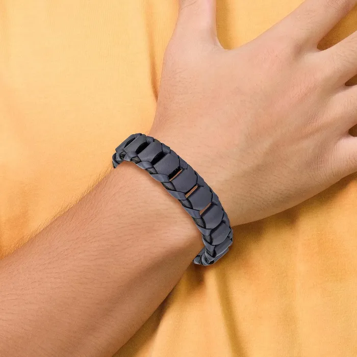 TreasureFineJewelers Chisel Stainless Steel Brushed Black IPplated Blue Leather 85 inch Bracelet Bracelets