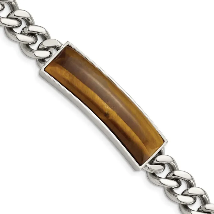 TreasureFineJewelers Chisel Stainless Steel Polished with Tigers Eye Inlay 825 inch ID Bracelet Bracelets TreasureFineJewelers Chisel Stainless Steel Polished with Tigers Eye Inlay 825 inch ID Bracelet Bracelets