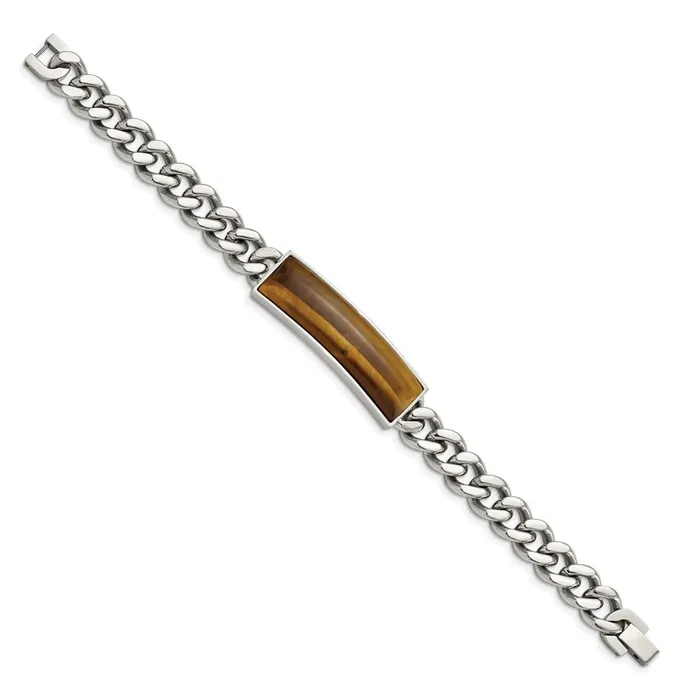 TreasureFineJewelers Chisel Stainless Steel Polished with Tigers Eye Inlay 825 inch ID Bracelet Bracelets