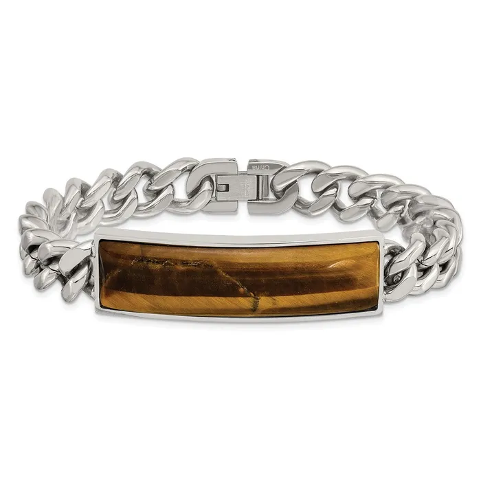 TreasureFineJewelers Chisel Stainless Steel Polished with Tigers Eye Inlay 825 inch ID Bracelet Bracelets