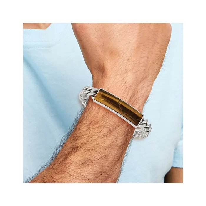 TreasureFineJewelers Chisel Stainless Steel Polished with Tigers Eye Inlay 825 inch ID Bracelet Bracelets