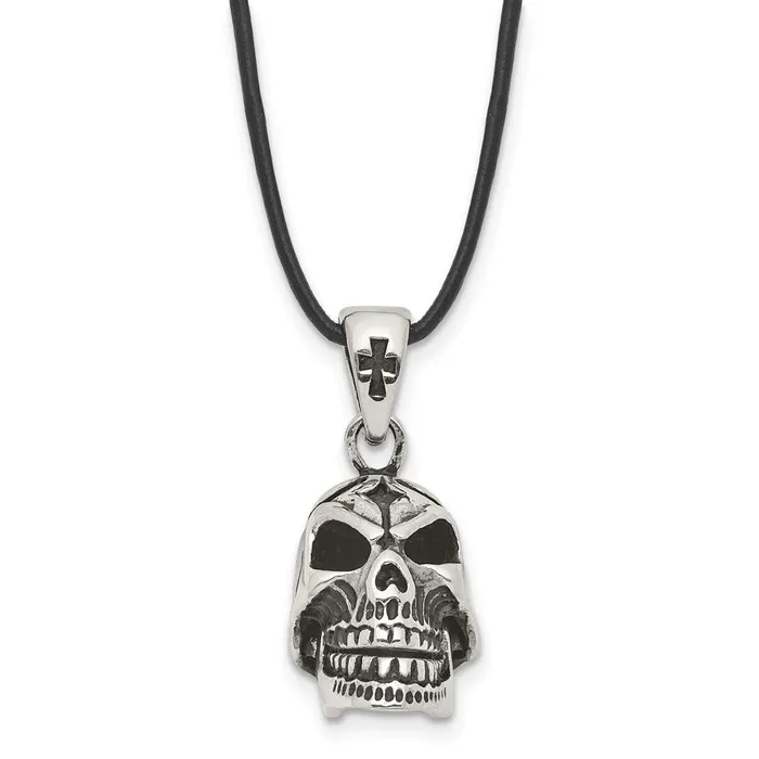 TreasureFineJewelers Necklaces Chisel Stainless Steel Antiqued and Polished Moveable Skull Pendant on a 20 inch Leather Cord Necklace